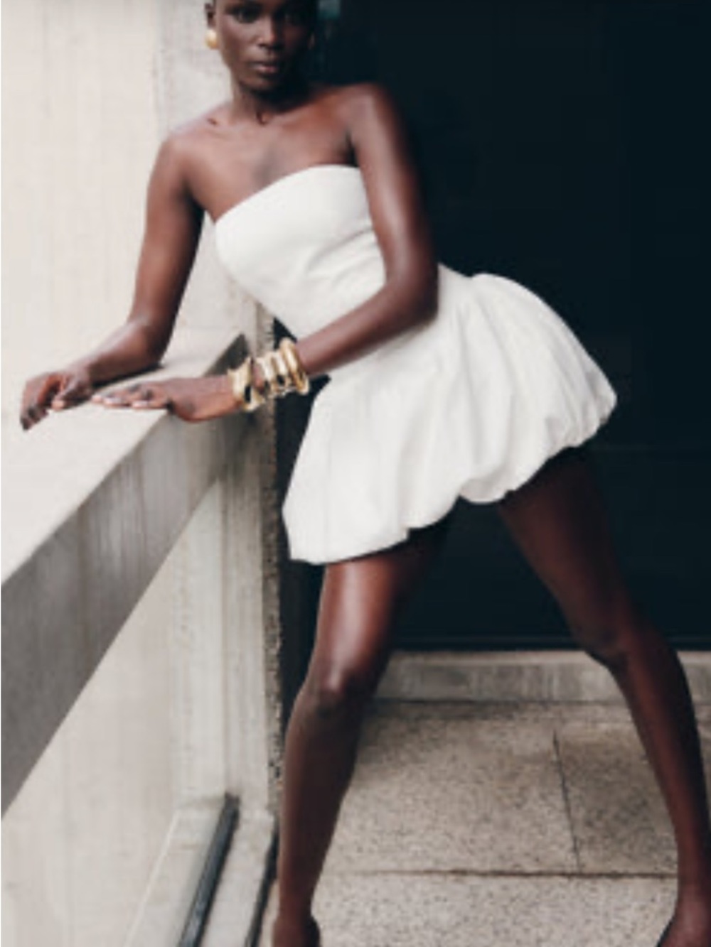 Meshki White Strapless Bubble Hem Mini Dress